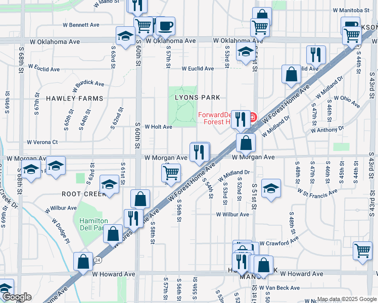 map of restaurants, bars, coffee shops, grocery stores, and more near 5543 West Morgan Avenue in Greenfield