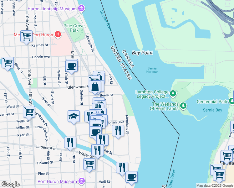 map of restaurants, bars, coffee shops, grocery stores, and more near 627 Fort Street in Port Huron