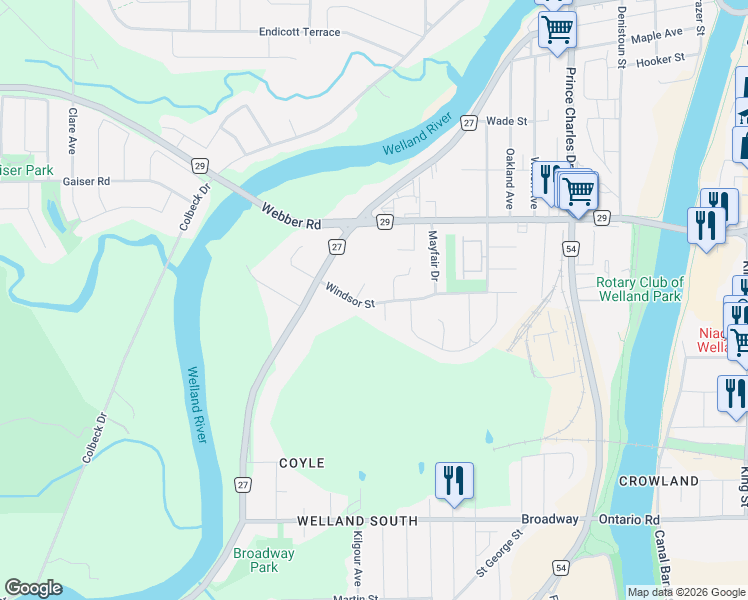 map of restaurants, bars, coffee shops, grocery stores, and more near 188 Windsor Street in Welland
