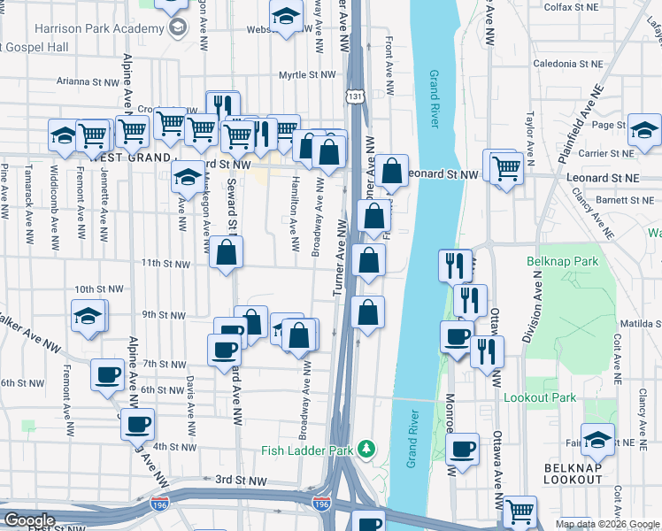 map of restaurants, bars, coffee shops, grocery stores, and more near 407 11th Street Northwest in Grand Rapids