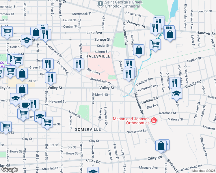 map of restaurants, bars, coffee shops, grocery stores, and more near 1060 Merrill Street in Manchester