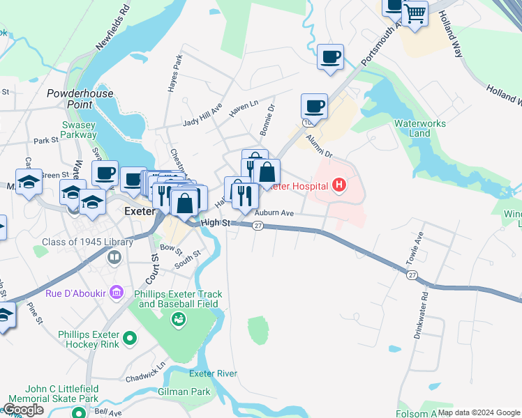 map of restaurants, bars, coffee shops, grocery stores, and more near 50 High Street in Exeter
