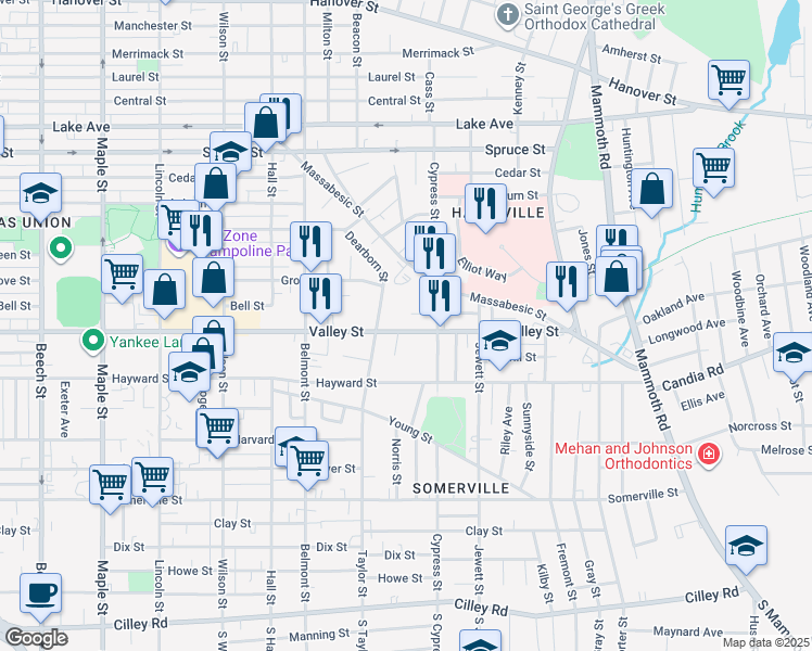 map of restaurants, bars, coffee shops, grocery stores, and more near 887 Valley Street in Manchester