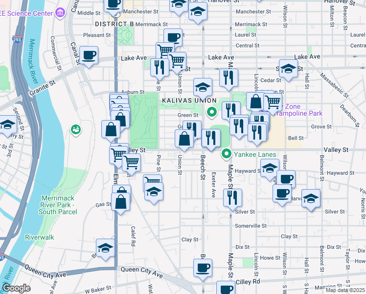 map of restaurants, bars, coffee shops, grocery stores, and more near 217 Union Street in Manchester