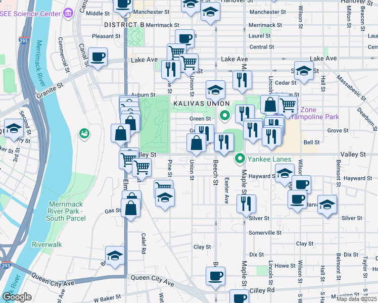 map of restaurants, bars, coffee shops, grocery stores, and more near 217 Union Street in Manchester