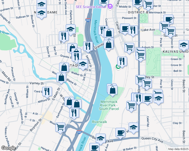 map of restaurants, bars, coffee shops, grocery stores, and more near 215 Turner Street in Manchester