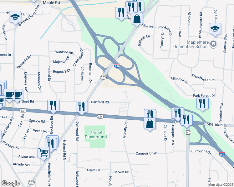 map of restaurants, bars, coffee shops, grocery stores, and more near 386 Hartford Road in Buffalo