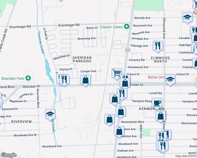 map of restaurants, bars, coffee shops, grocery stores, and more near 101-111 Cobb Street in Tonawanda