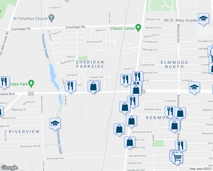 map of restaurants, bars, coffee shops, grocery stores, and more near 101-111 Cobb Street in Tonawanda
