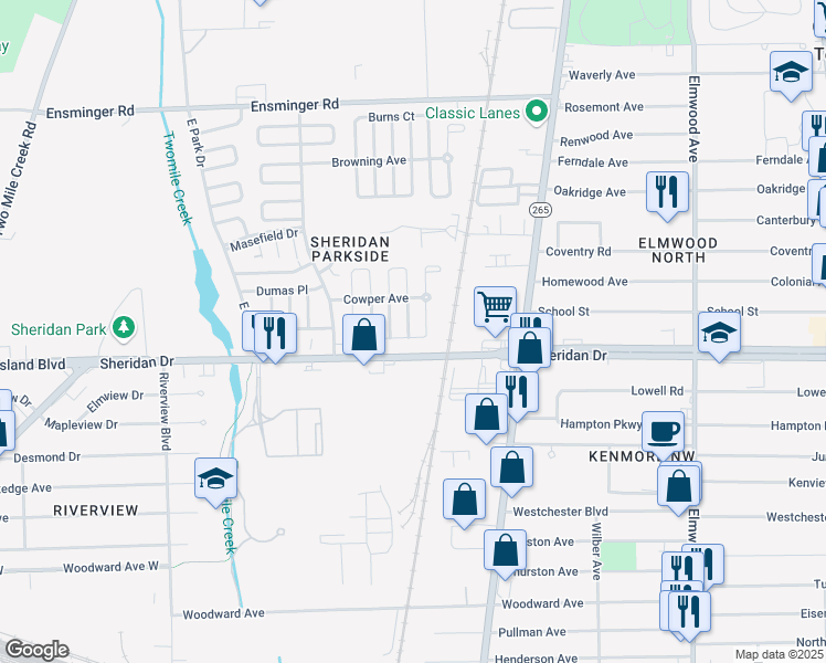 map of restaurants, bars, coffee shops, grocery stores, and more near 101-111 Cobb Street in Tonawanda