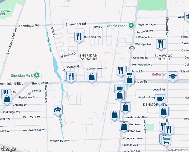 map of restaurants, bars, coffee shops, grocery stores, and more near 57-61 Cobb Street in Tonawanda