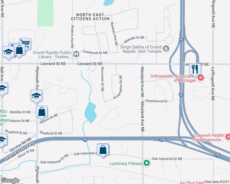 map of restaurants, bars, coffee shops, grocery stores, and more near 1010 North Hampton Drive Northeast in Grand Rapids