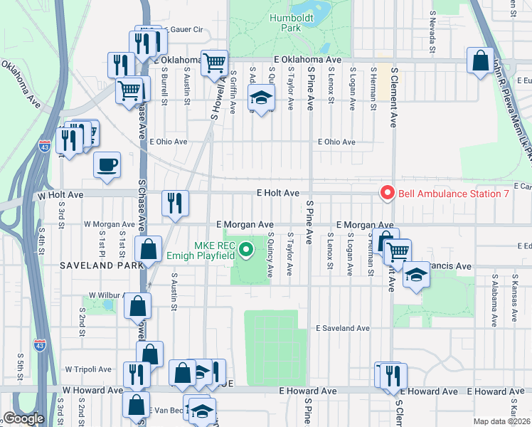 map of restaurants, bars, coffee shops, grocery stores, and more near 3454 South Quincy Avenue in Milwaukee