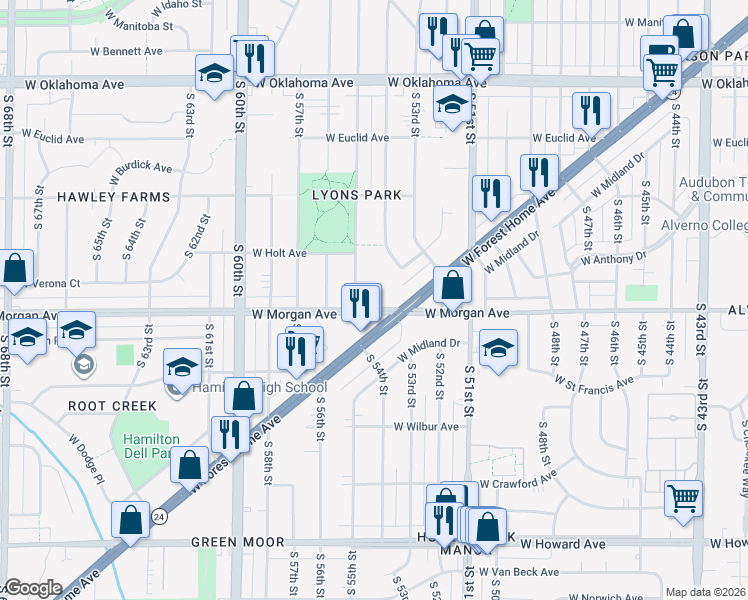 map of restaurants, bars, coffee shops, grocery stores, and more near 5433 West Morgan Avenue in Greenfield