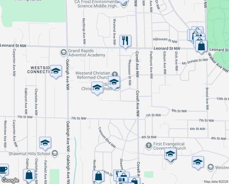map of restaurants, bars, coffee shops, grocery stores, and more near 955 Westend Avenue Northwest in Grand Rapids