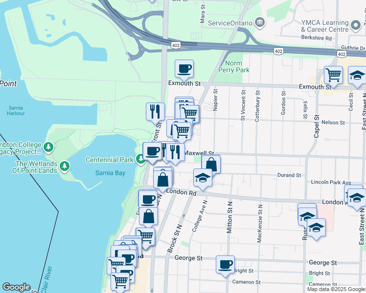 map of restaurants, bars, coffee shops, grocery stores, and more near 460 Christina Street North in Sarnia