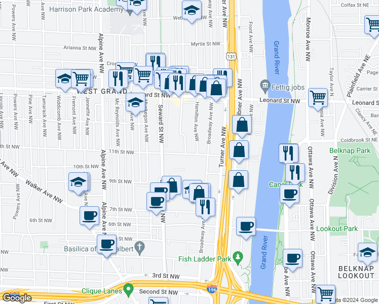 map of restaurants, bars, coffee shops, grocery stores, and more near 515 11th Street Northwest in Grand Rapids