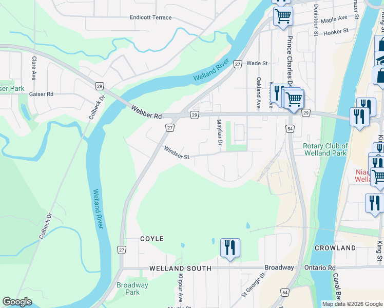 map of restaurants, bars, coffee shops, grocery stores, and more near 188 Windsor Street in Welland
