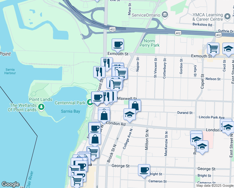 map of restaurants, bars, coffee shops, grocery stores, and more near 442 Christina Street North in Sarnia