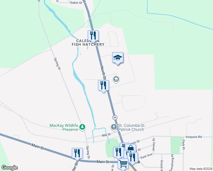 map of restaurants, bars, coffee shops, grocery stores, and more near 114 North St in Caledonia