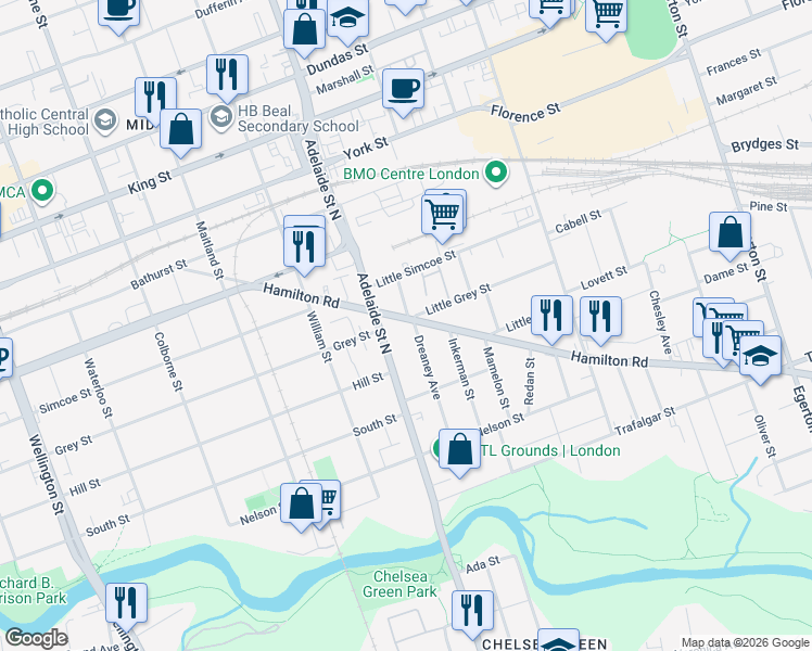 map of restaurants, bars, coffee shops, grocery stores, and more near in London