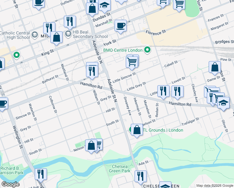 map of restaurants, bars, coffee shops, grocery stores, and more near 215 Hamilton Road in London