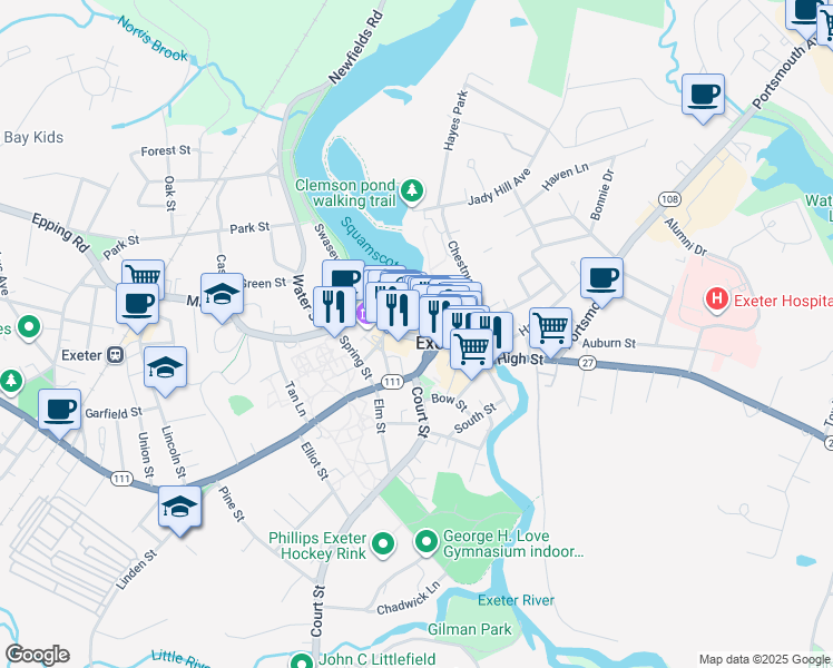 map of restaurants, bars, coffee shops, grocery stores, and more near 1 Front Street in Exeter