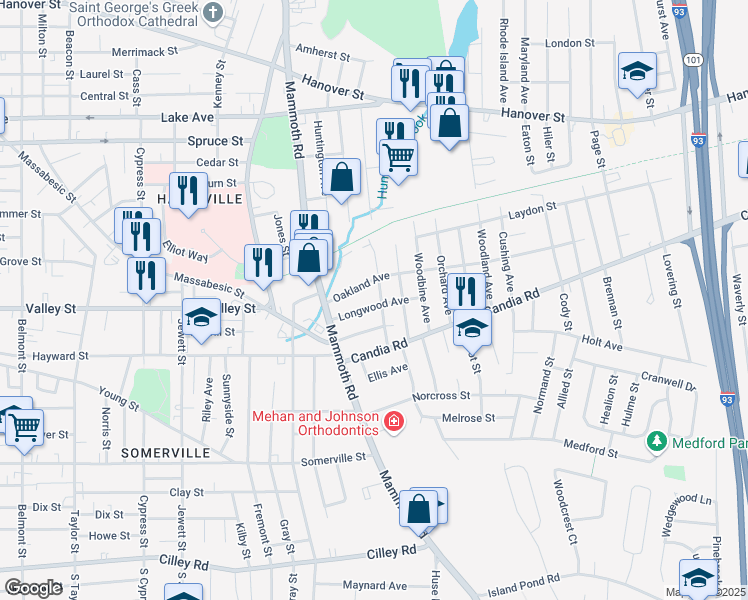 map of restaurants, bars, coffee shops, grocery stores, and more near 66 Wayland Avenue in Manchester