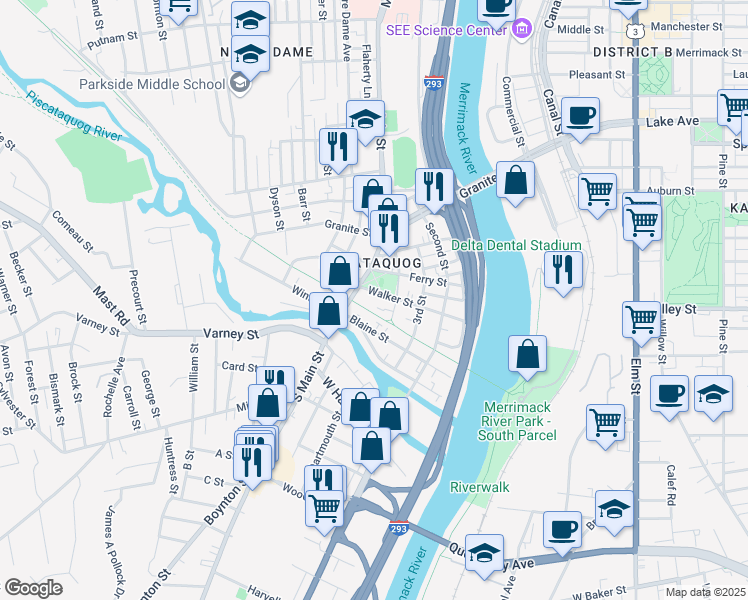 map of restaurants, bars, coffee shops, grocery stores, and more near 140 South Main Street in Manchester