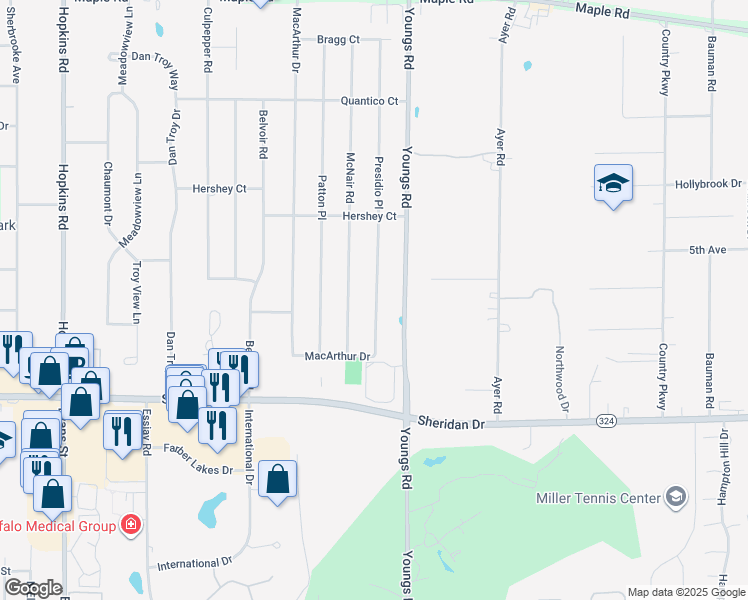 map of restaurants, bars, coffee shops, grocery stores, and more near 355 Evans Street in Williamsville