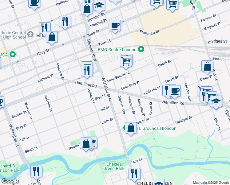 map of restaurants, bars, coffee shops, grocery stores, and more near in London