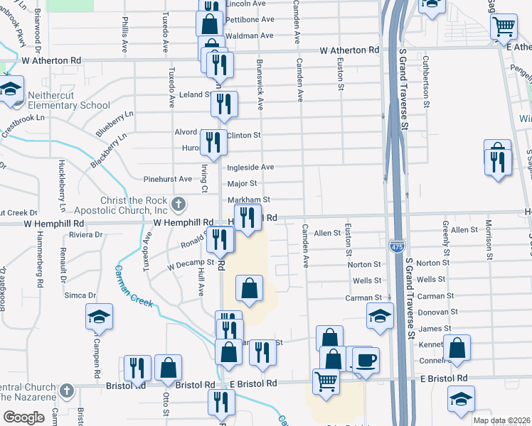 map of restaurants, bars, coffee shops, grocery stores, and more near in Burton