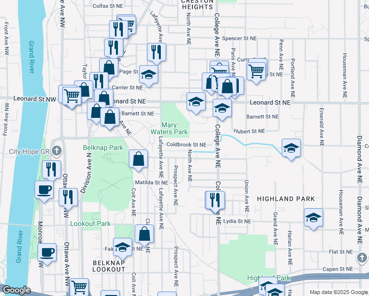 map of restaurants, bars, coffee shops, grocery stores, and more near 342 Cedar Street Northeast in Grand Rapids