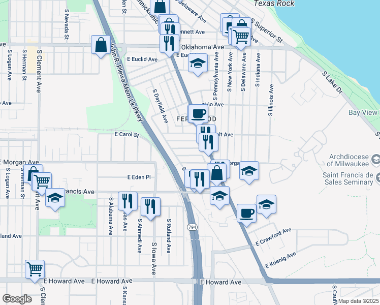map of restaurants, bars, coffee shops, grocery stores, and more near 2221 East Morgan Avenue in Milwaukee