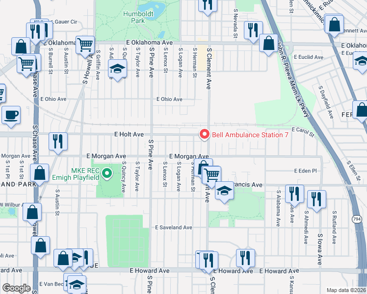 map of restaurants, bars, coffee shops, grocery stores, and more near 931 East Morgan Avenue in Milwaukee