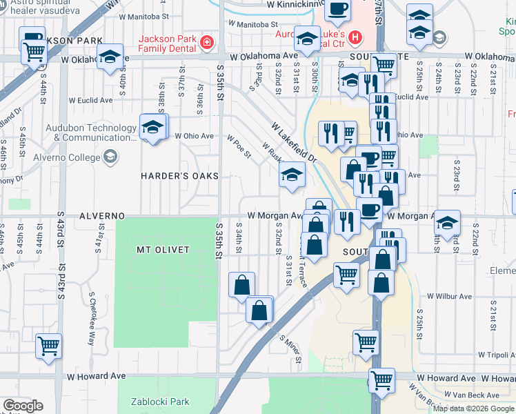 map of restaurants, bars, coffee shops, grocery stores, and more near 3233 West Morgan Avenue in Milwaukee