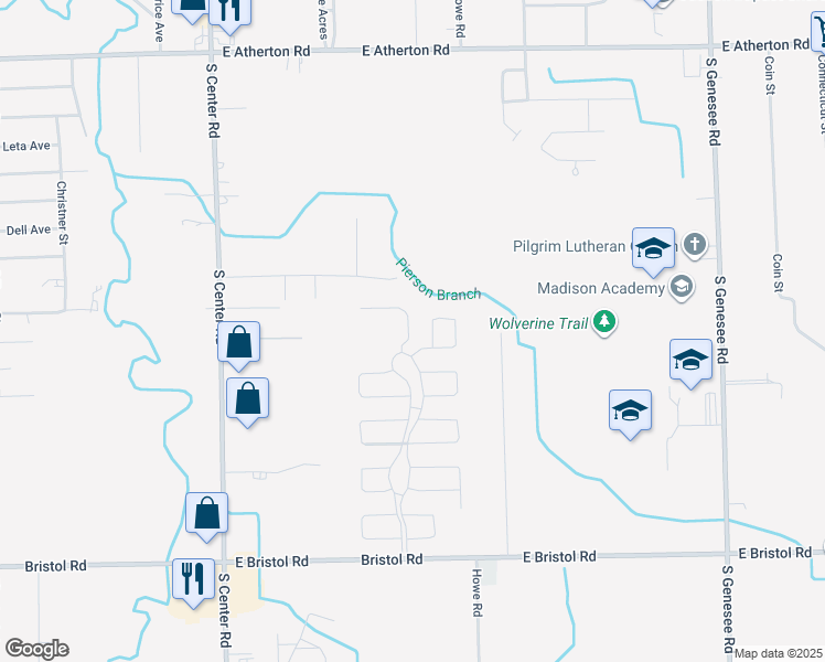 map of restaurants, bars, coffee shops, grocery stores, and more near 3295 Creekside Boulevard in Burton
