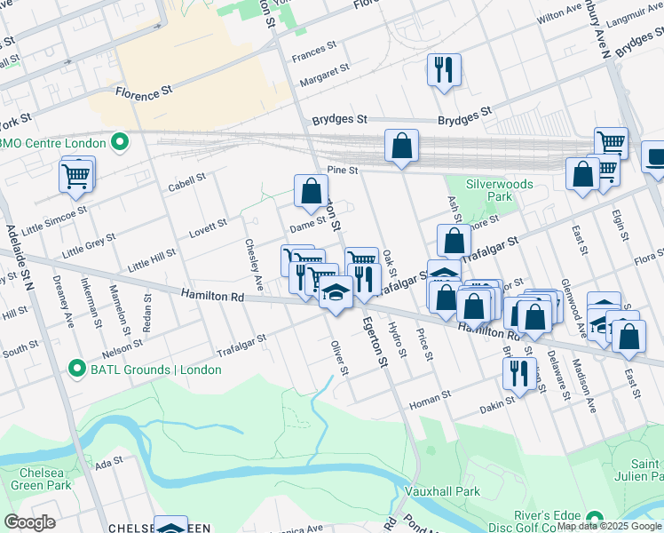 map of restaurants, bars, coffee shops, grocery stores, and more near 980 Ormsby Street in London