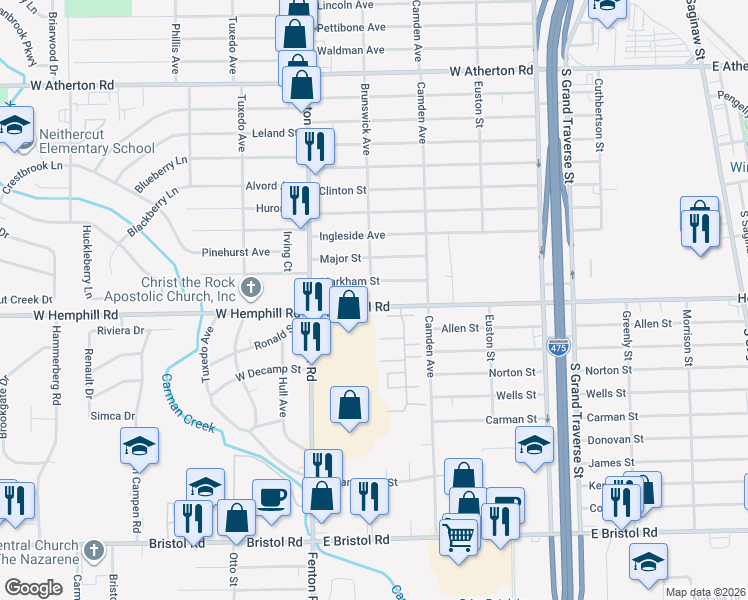 map of restaurants, bars, coffee shops, grocery stores, and more near in Burton