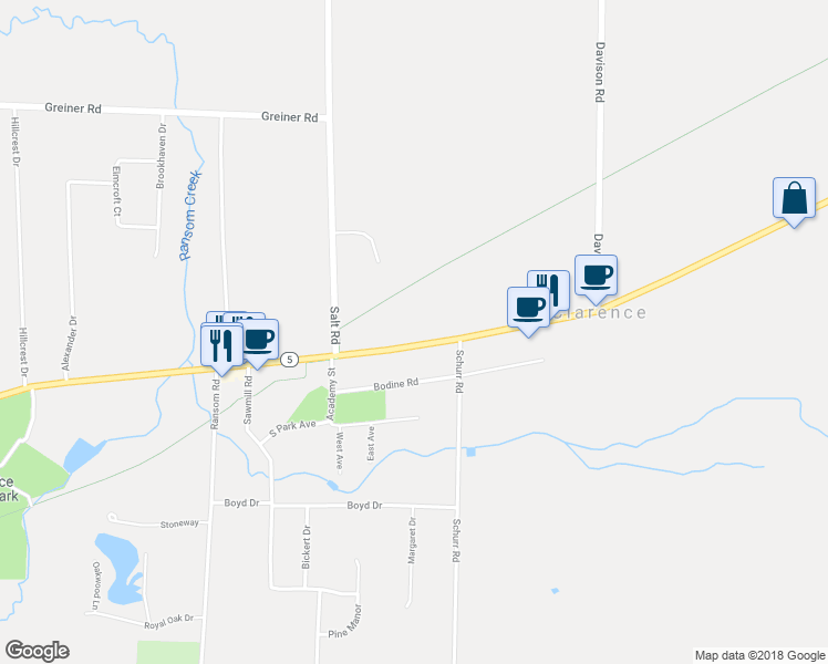 map of restaurants, bars, coffee shops, grocery stores, and more near 10844 Main Street in Clarence