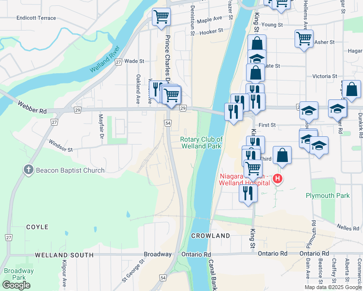 map of restaurants, bars, coffee shops, grocery stores, and more near 250 Prince Charles Drive South in Welland
