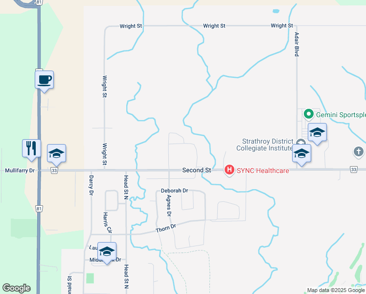 map of restaurants, bars, coffee shops, grocery stores, and more near 199 Second Street in Strathroy