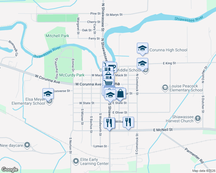 map of restaurants, bars, coffee shops, grocery stores, and more near 115 West McArthur Street in Corunna