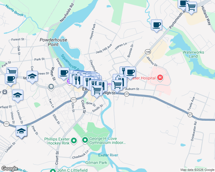 map of restaurants, bars, coffee shops, grocery stores, and more near 1934 High Street in Exeter