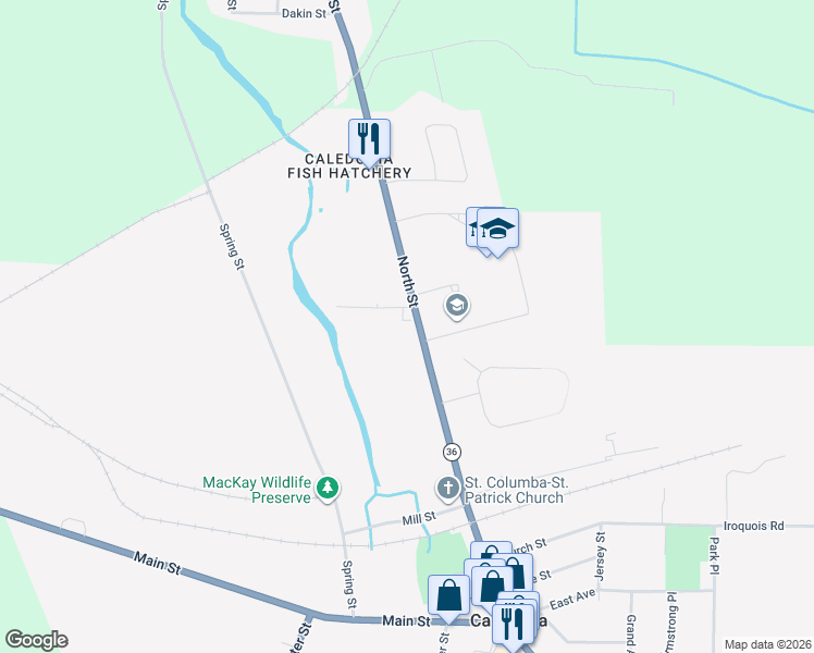 map of restaurants, bars, coffee shops, grocery stores, and more near 114 North Street in Caledonia