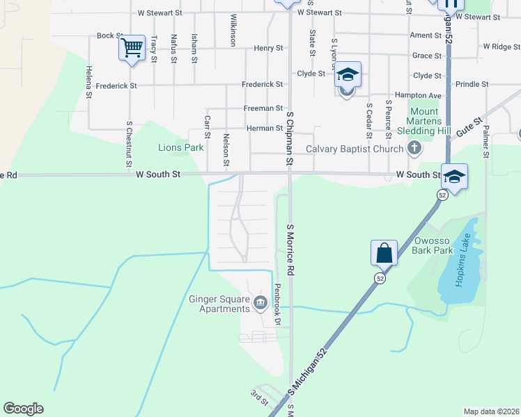 map of restaurants, bars, coffee shops, grocery stores, and more near 1304 Chatham Street in Owosso