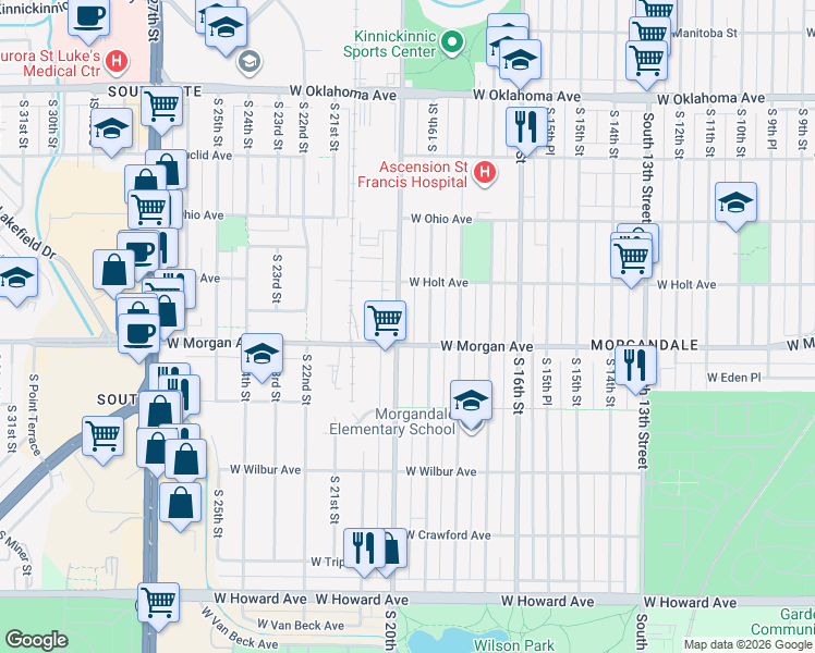 map of restaurants, bars, coffee shops, grocery stores, and more near 2017 South 20th Street in Milwaukee