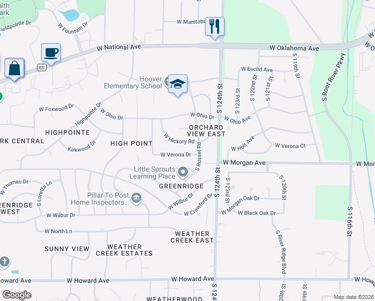 map of restaurants, bars, coffee shops, grocery stores, and more near 12540 West Eden Trail in New Berlin