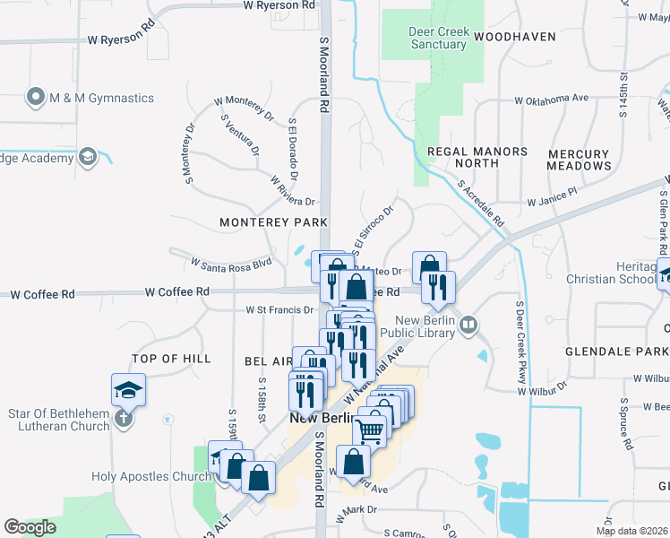 map of restaurants, bars, coffee shops, grocery stores, and more near 3474 County Road O in New Berlin