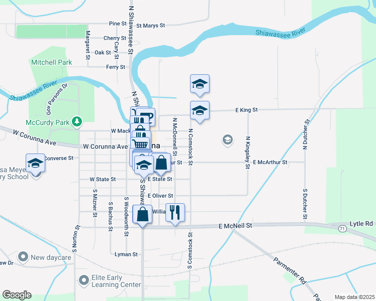 map of restaurants, bars, coffee shops, grocery stores, and more near 403 East McArthur Street in Corunna